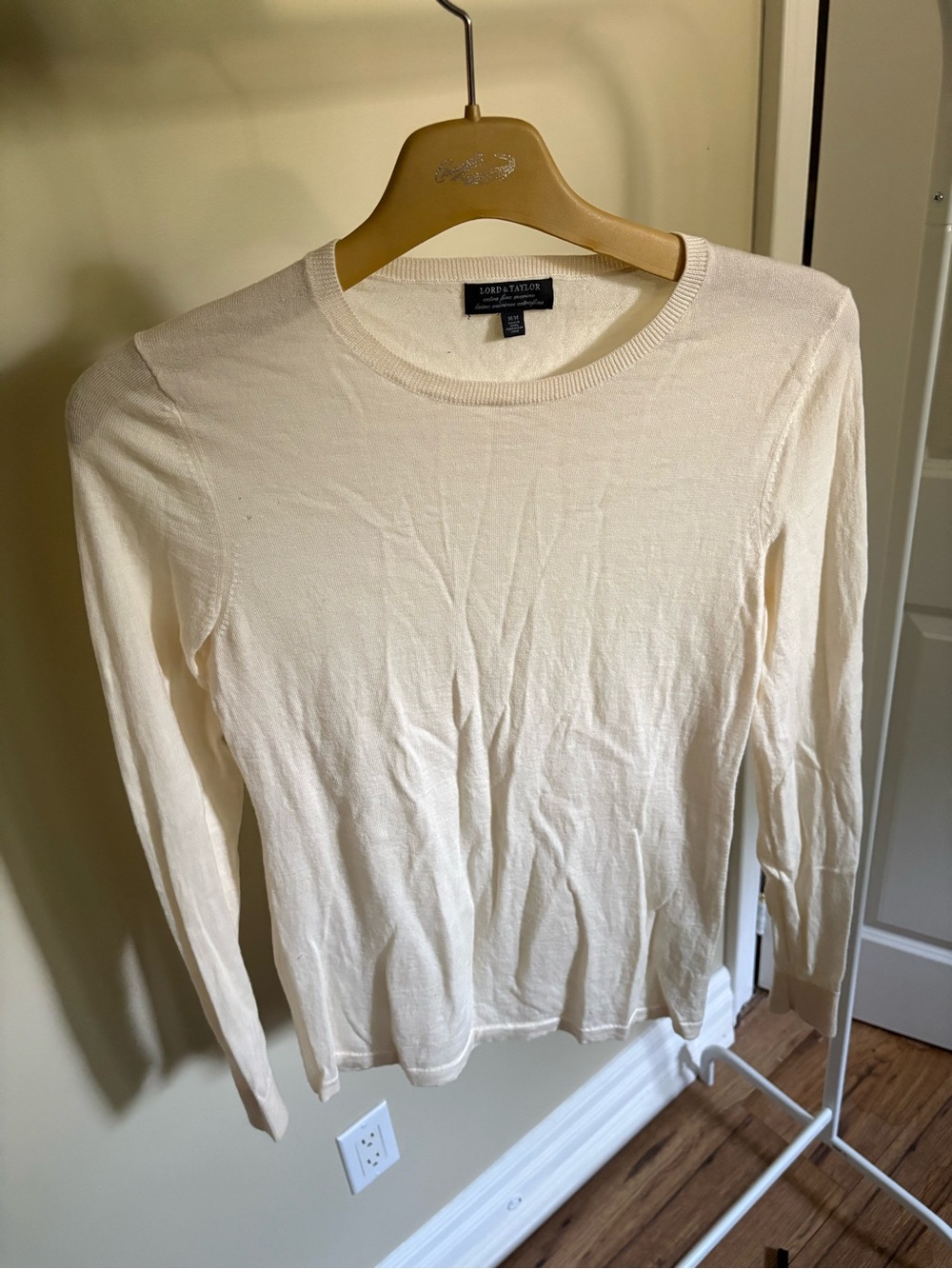 Lord & Taylor 100% Merino Wool Cream Long-Sleeve Crewneck Top
